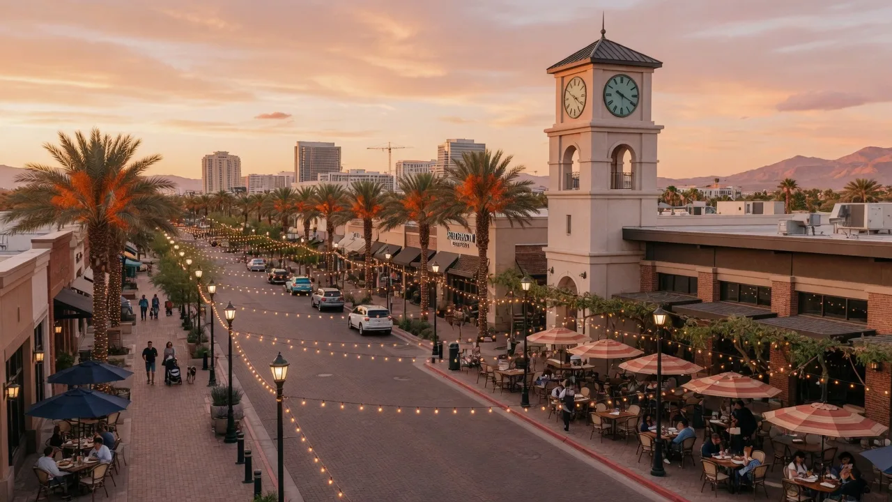 Henderson's Water Street downtown district with brick-paved sidewalks, outdoor dining, string lights, and the Henderson Events Plaza clocktower