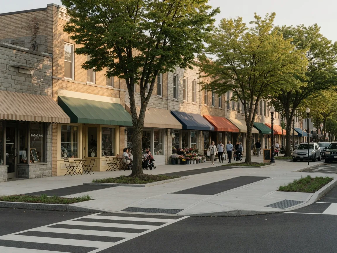 Main Street in downtown West Orange NJ on a late afternoon with independent storefronts, awnings, outdoor cafe tables,and mature shade trees along the walkable corridor