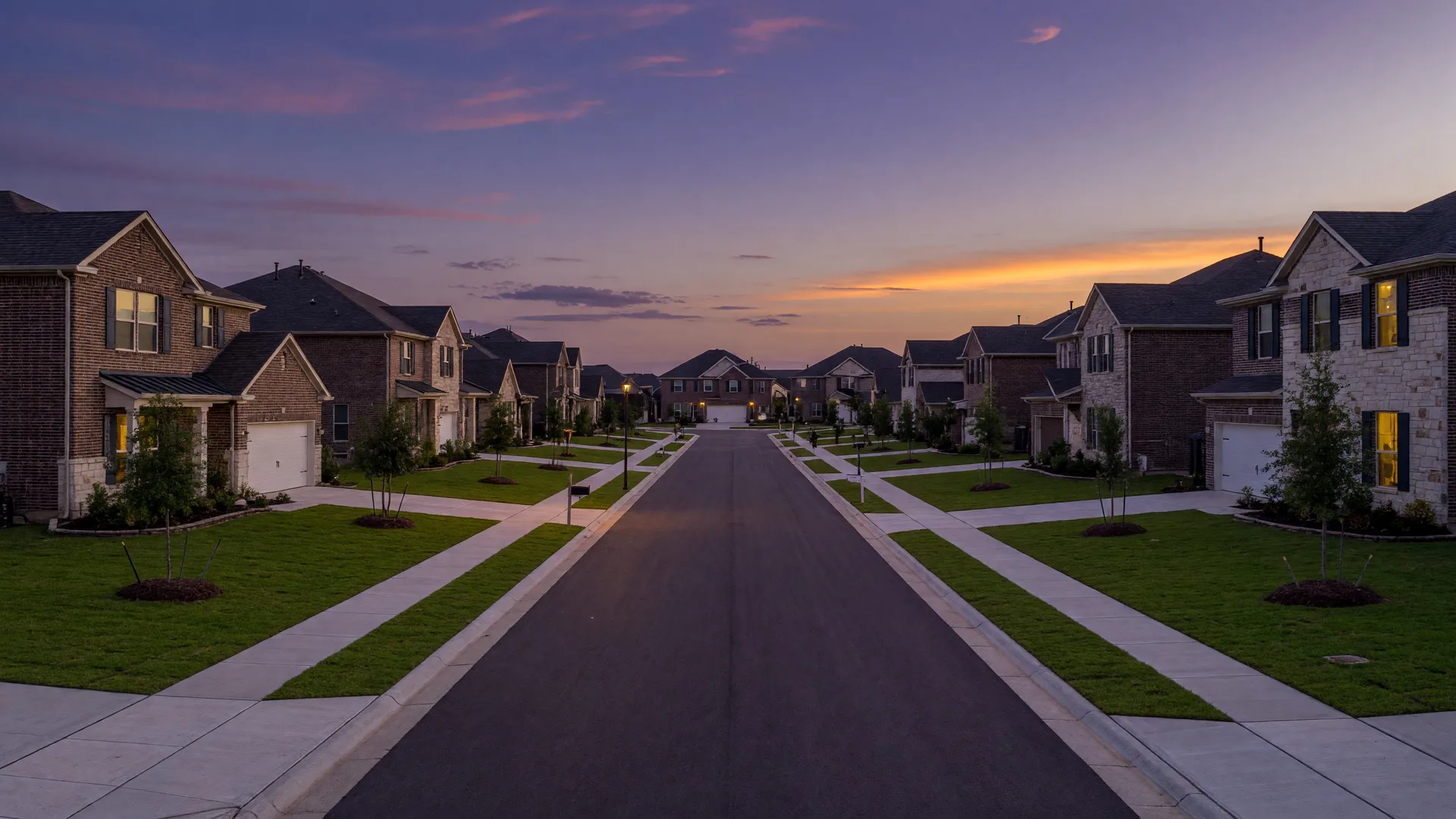 New construction homes with warm lights on in a North Texas community at dusk