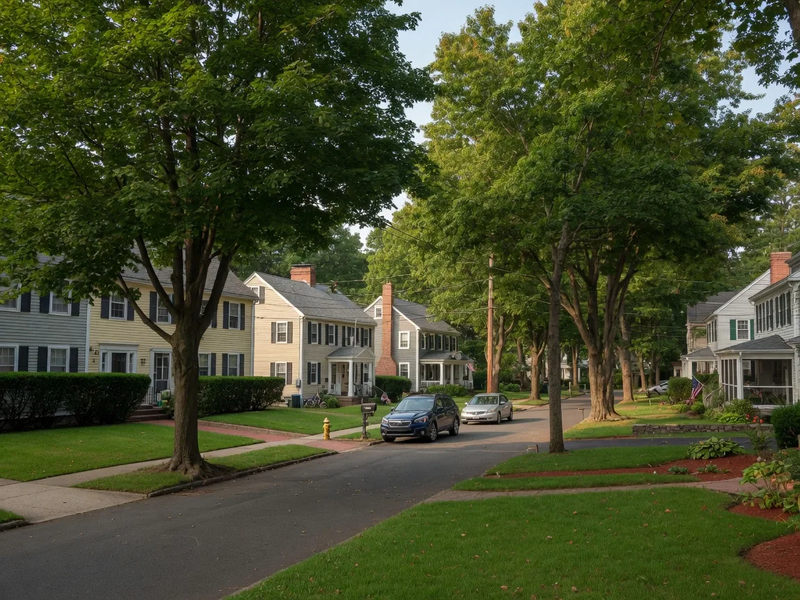 Tree-lined residential street in Hamden, Connecticut with classic New England colonials and capes on a sunny summer afternoon