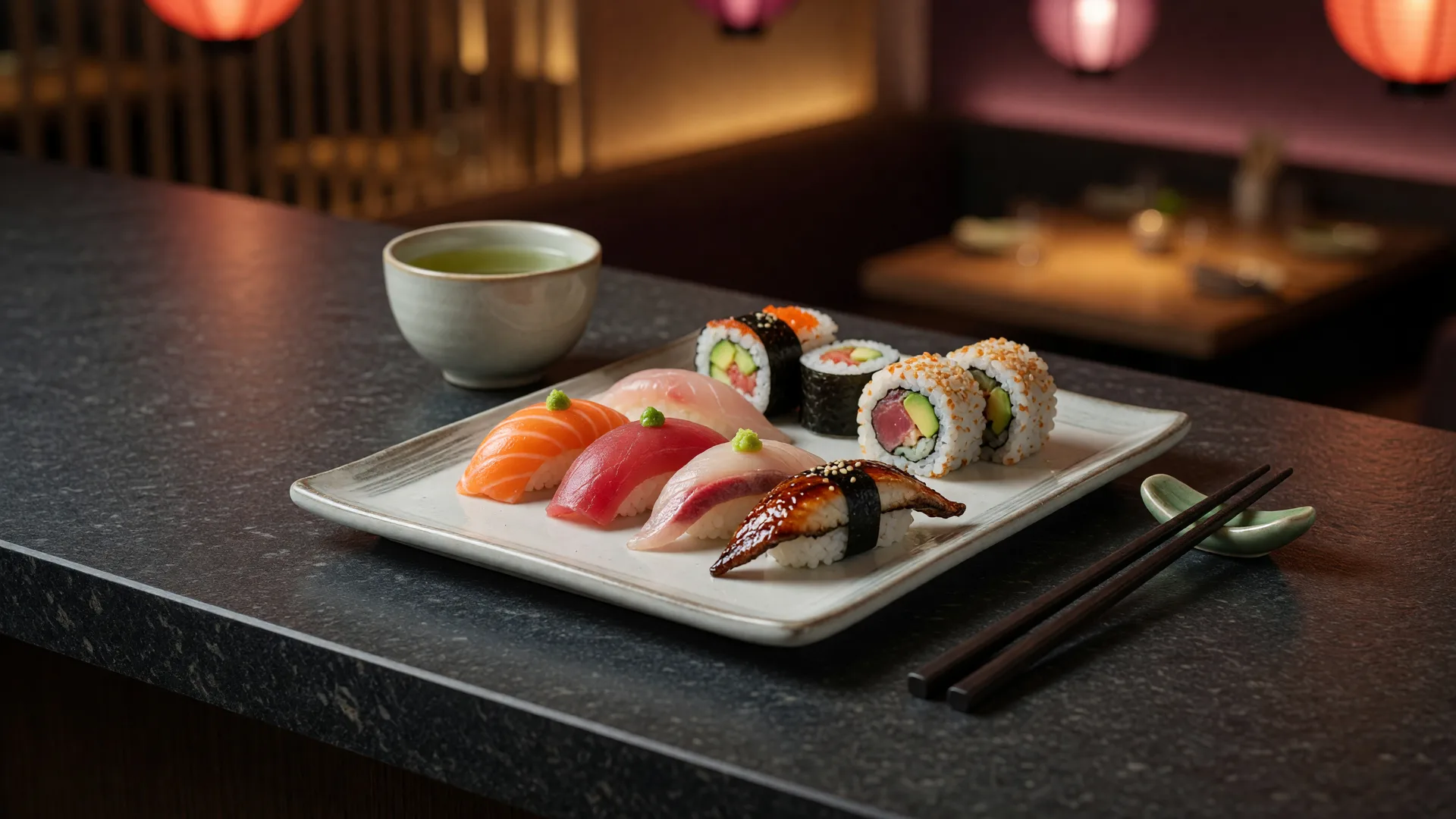 An elegant platter of assorted nigiri and maki sushi with green tea at a Scottsdale Japanese restaurant