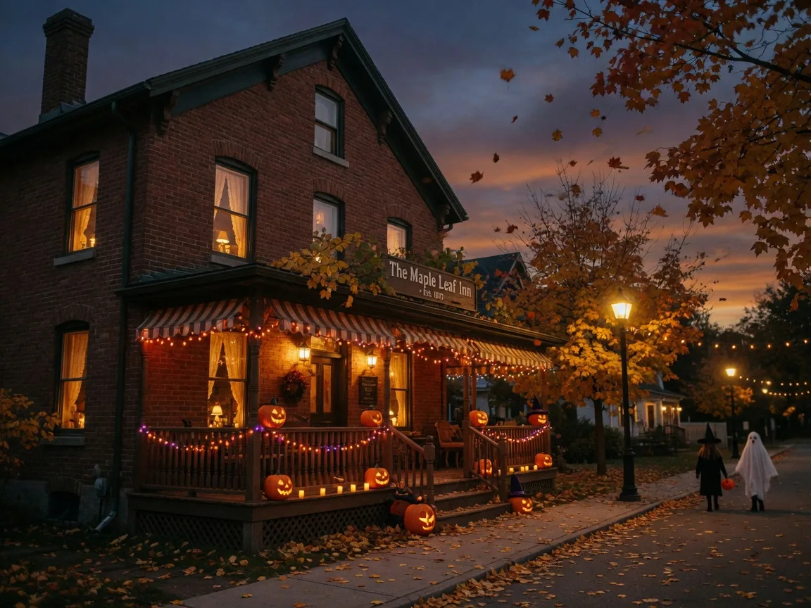 A historic brick inn on a small-town Ontario main street at dusk with jack-o'-lanterns and string lights for Halloween weekend