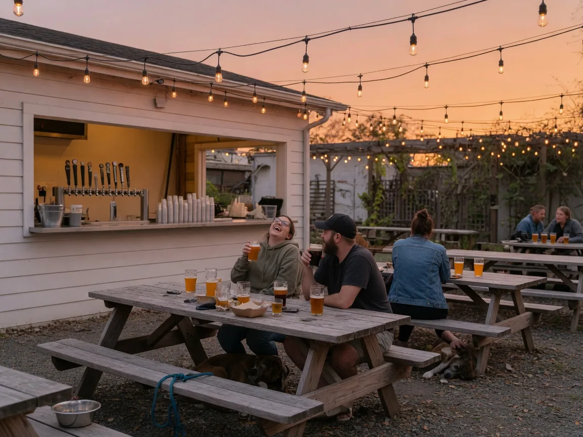 A relaxed evening craft brewery beer garden in Arlington with wooden picnic tables, string lights, and a dog bowl placed on the ground near a table