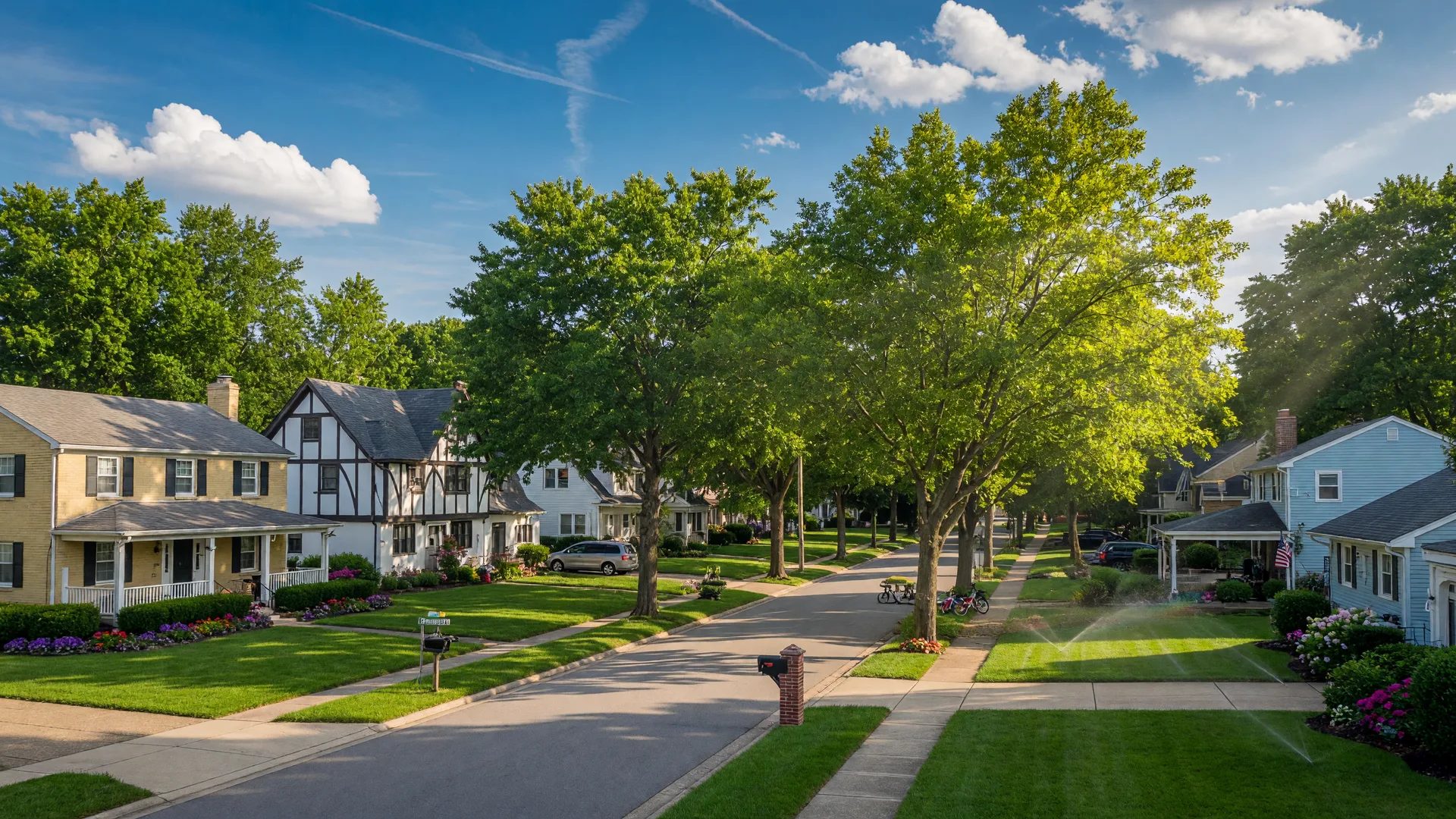 A sunny tree-lined residential street in Centerville, Ohio with well-maintained homes and green lawns under a blue sky