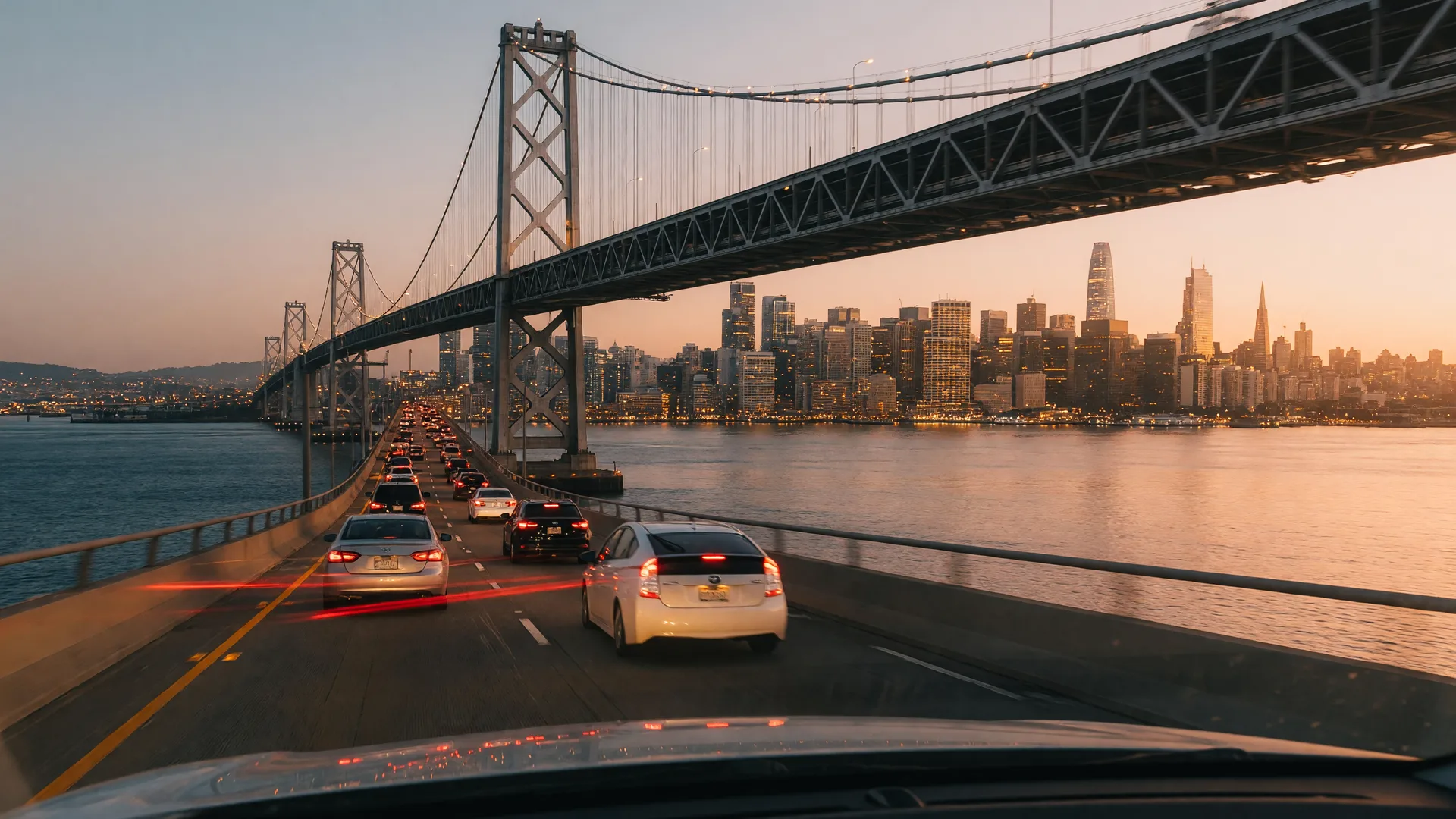 San Francisco-Oakland Bay Bridge at golden hour with city skyline, warm amber light and trailing traffic
