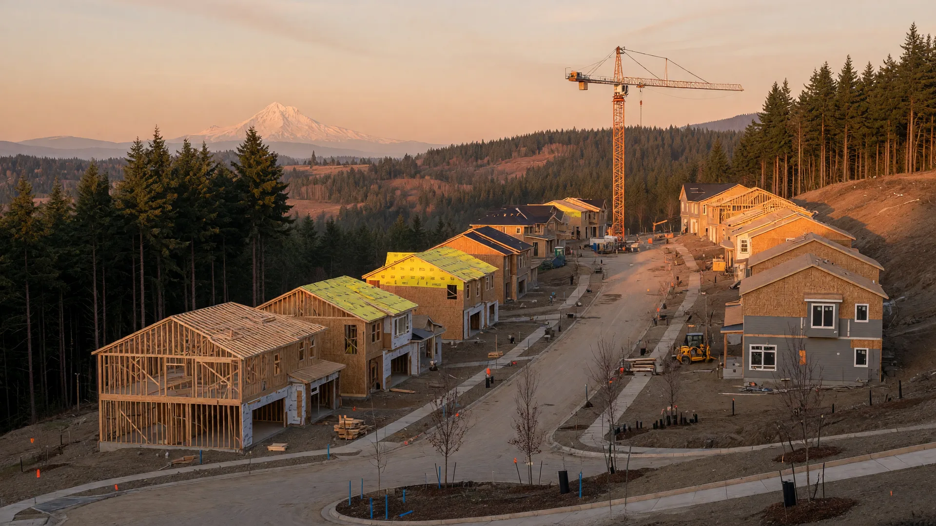 New residential development taking shape on a Pacific Northwest hillside with a construction crane and Mount Hood on the horizon