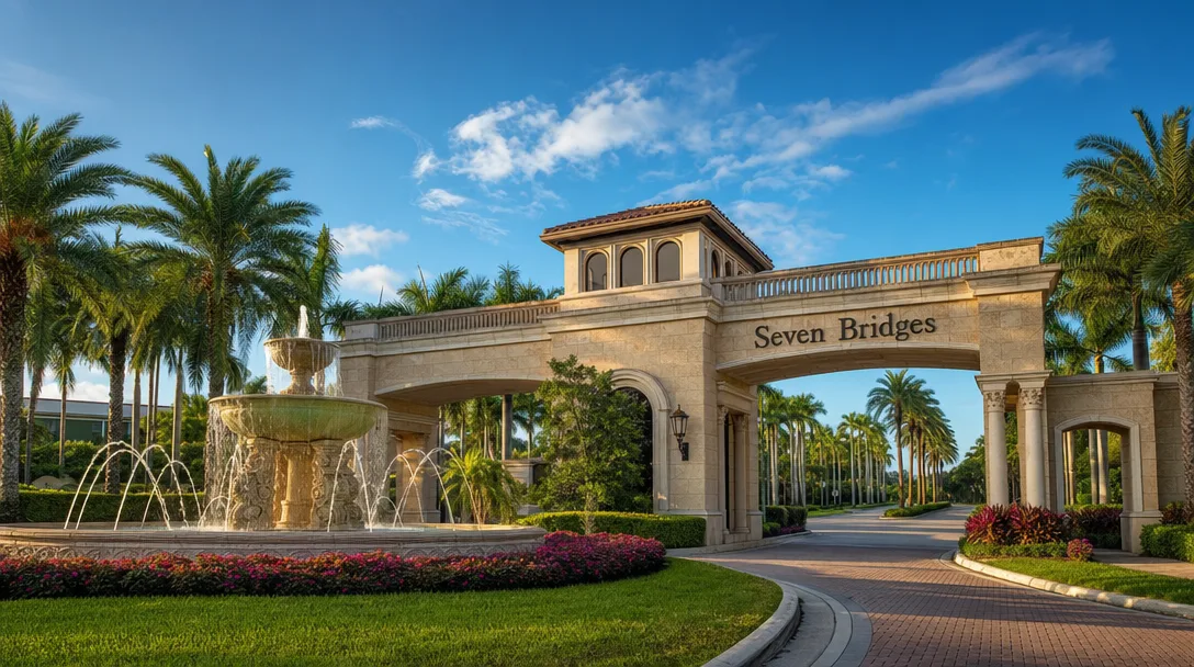 Grand stone entrance gate to the Seven Bridges luxury gated community in Delray Beach, Florida, with fountains and tropical landscaping