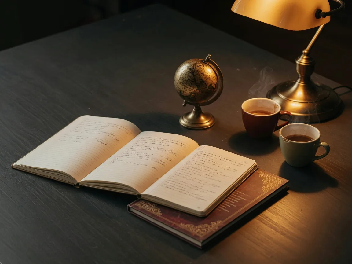 Two open notebooks, two coffee cups, and a brass globe on a charcoal desk, a business built in English and Spanish