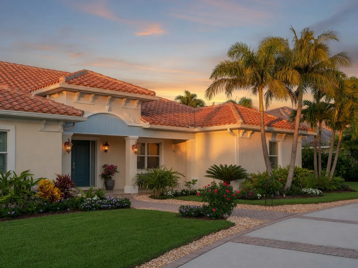 A warm Florida coastal home with cream stucco and a terracotta roof at golden hour