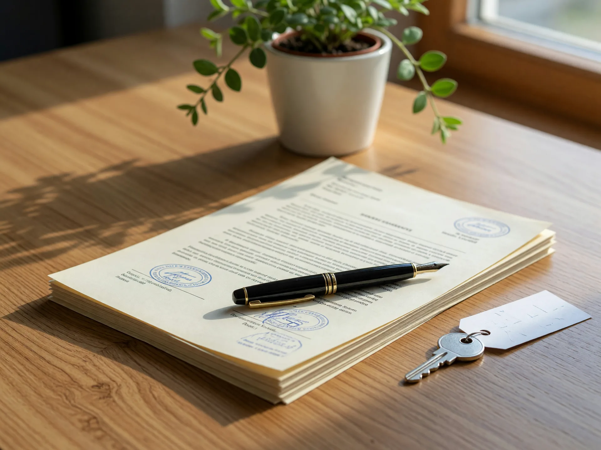 A neat stack of closing documents with a fountain pen and a house key on a warm wooden desk, lit by natural window light