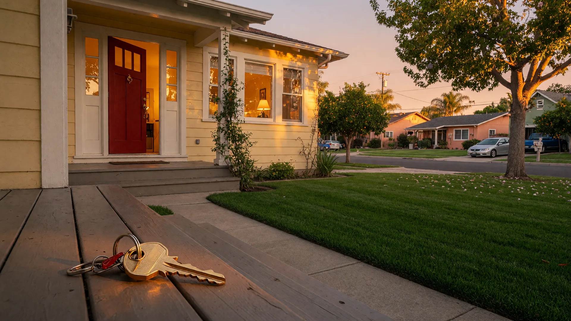 A brass house key on the front step of a charming suburban home at golden hour, symbolizing homeownership