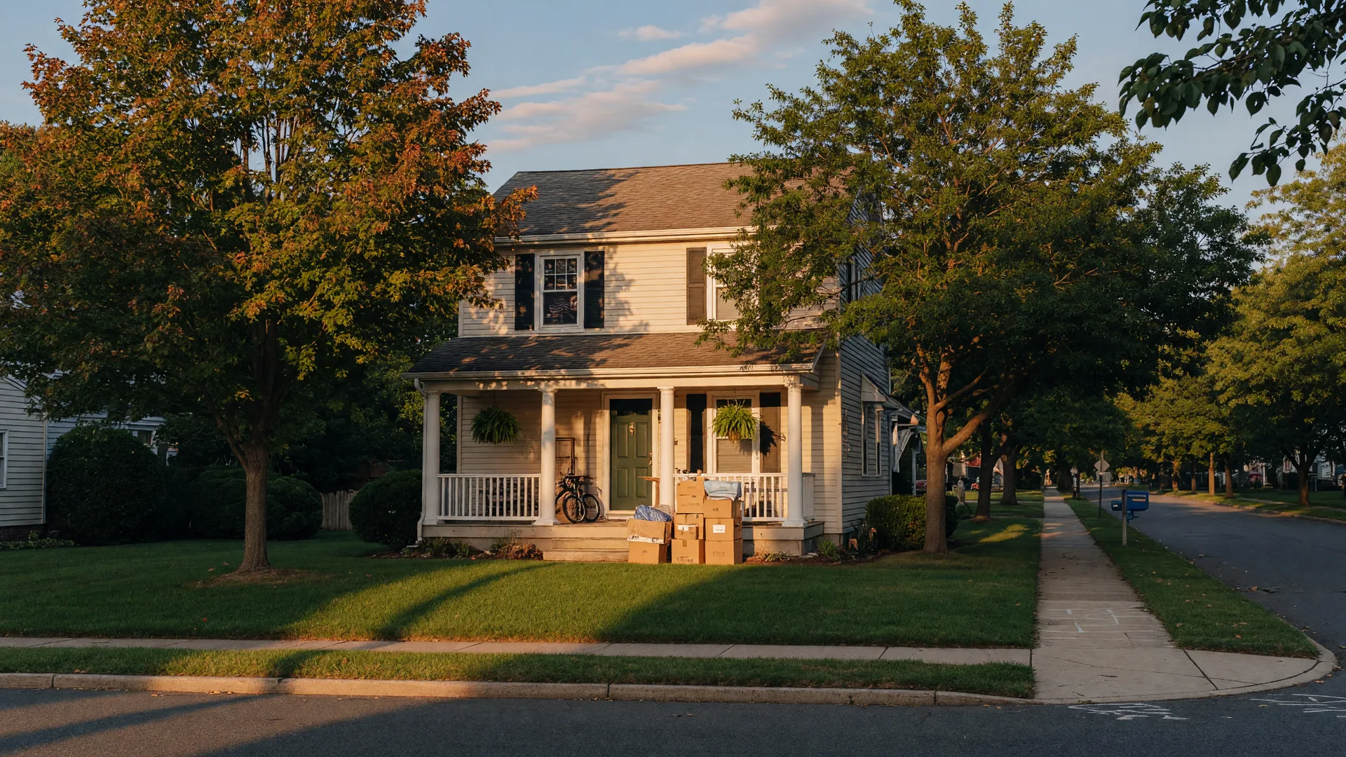 Warm golden-hour view of a classic suburban single-family home in New Jersey with a neat stack of moving boxes by the front door
