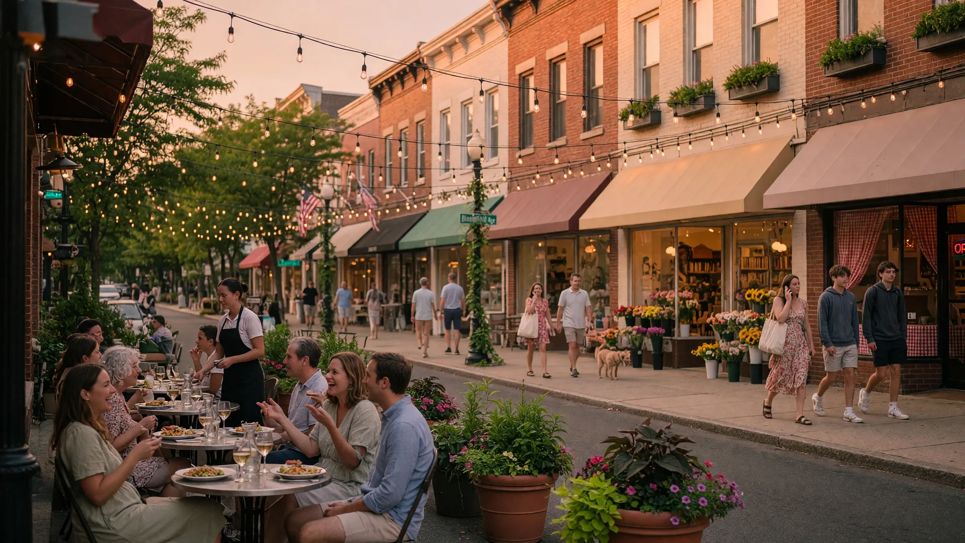 Bloomfield Center's vibrant downtown main street with outdoor dining, string lights, and a warm evening atmosphere