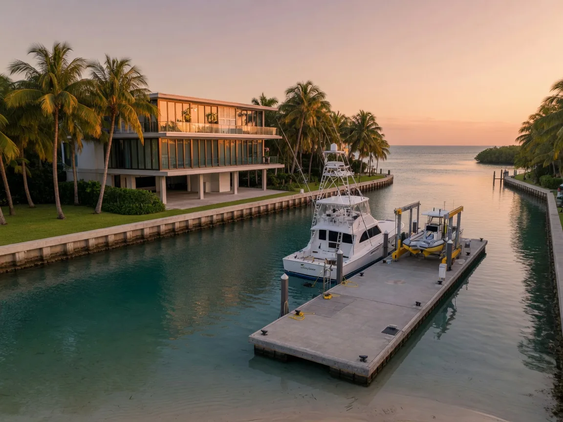 A large private concrete dock on a wide deep-water canal in Key Largo at golden hour, a substantial sportfishing yacht moored beside a boat lift, an elevated luxury home behind the seawall, and the canal opening to open ocean with no fixed bridges
