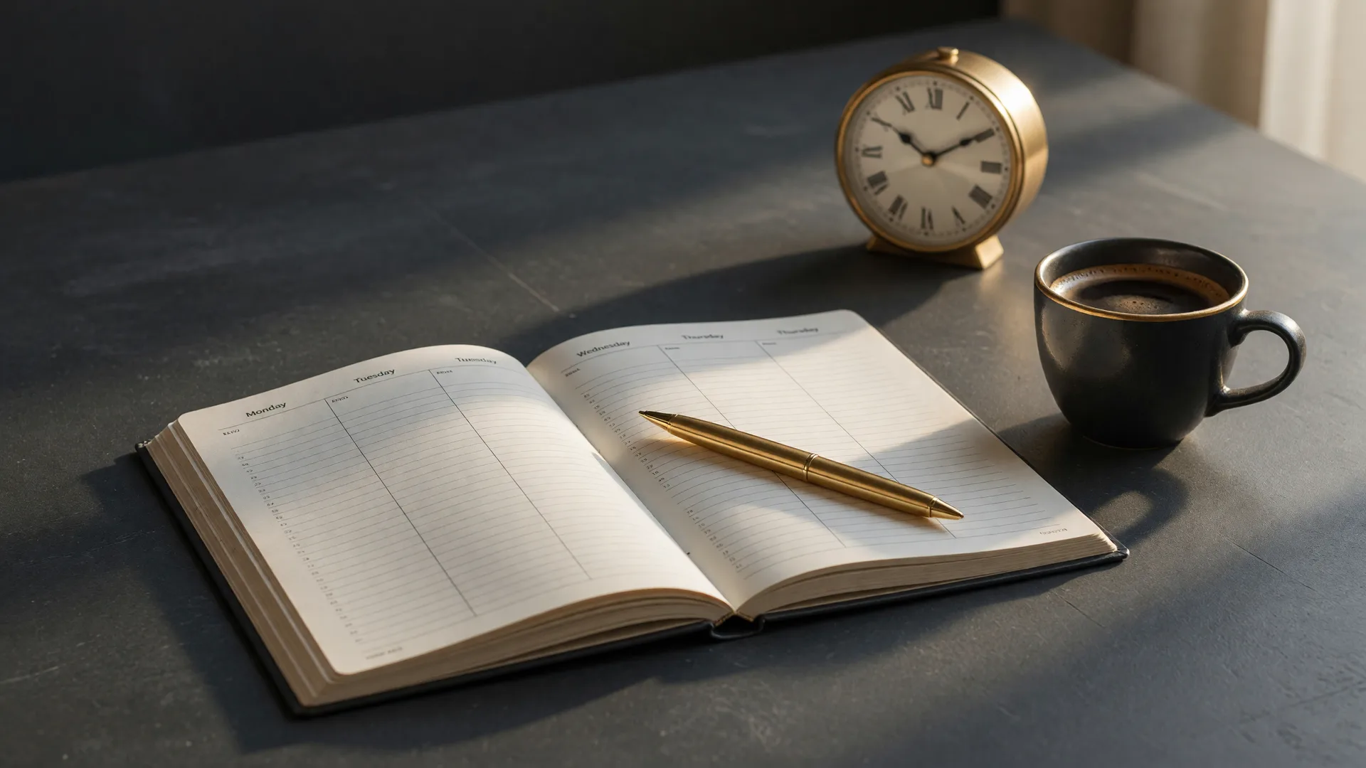 An open weekly planner with a gold pen, coffee, and a brass clock on a charcoal desk, the tools of a time blocked week