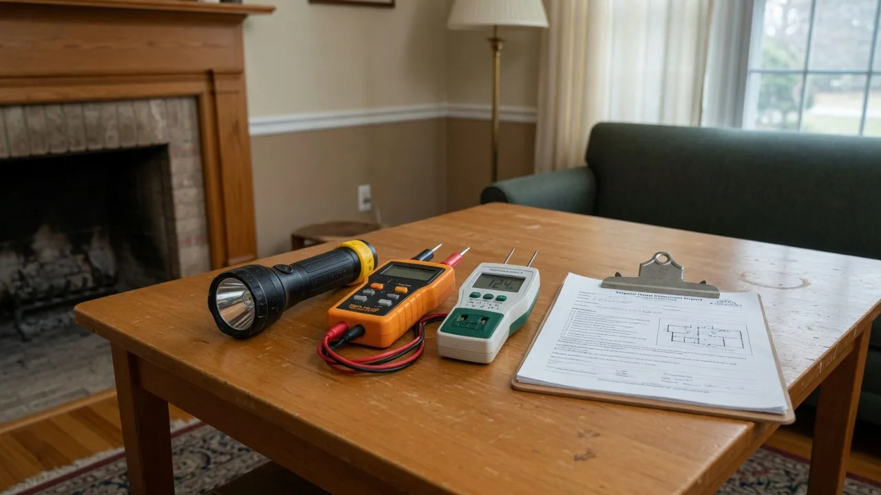 A home inspector's tools, flashlight, electrical tester, moisture meter, and clipboard laid out on a table