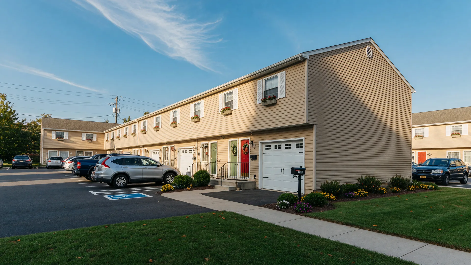 A low-maintenance garden-style condo building in Northampton, Pennsylvania
