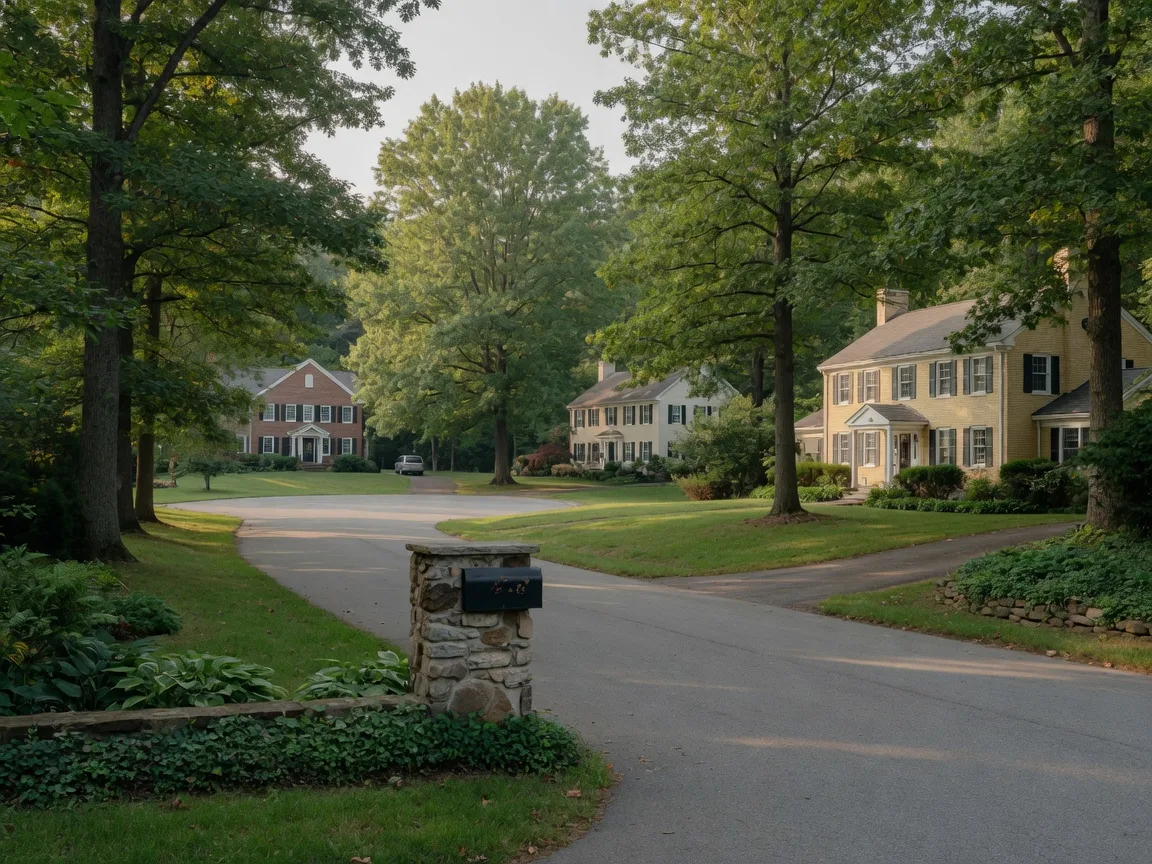 Quiet cul-de-sac in Dresher, Pennsylvania with colonial homes on wooded lots and mature trees
