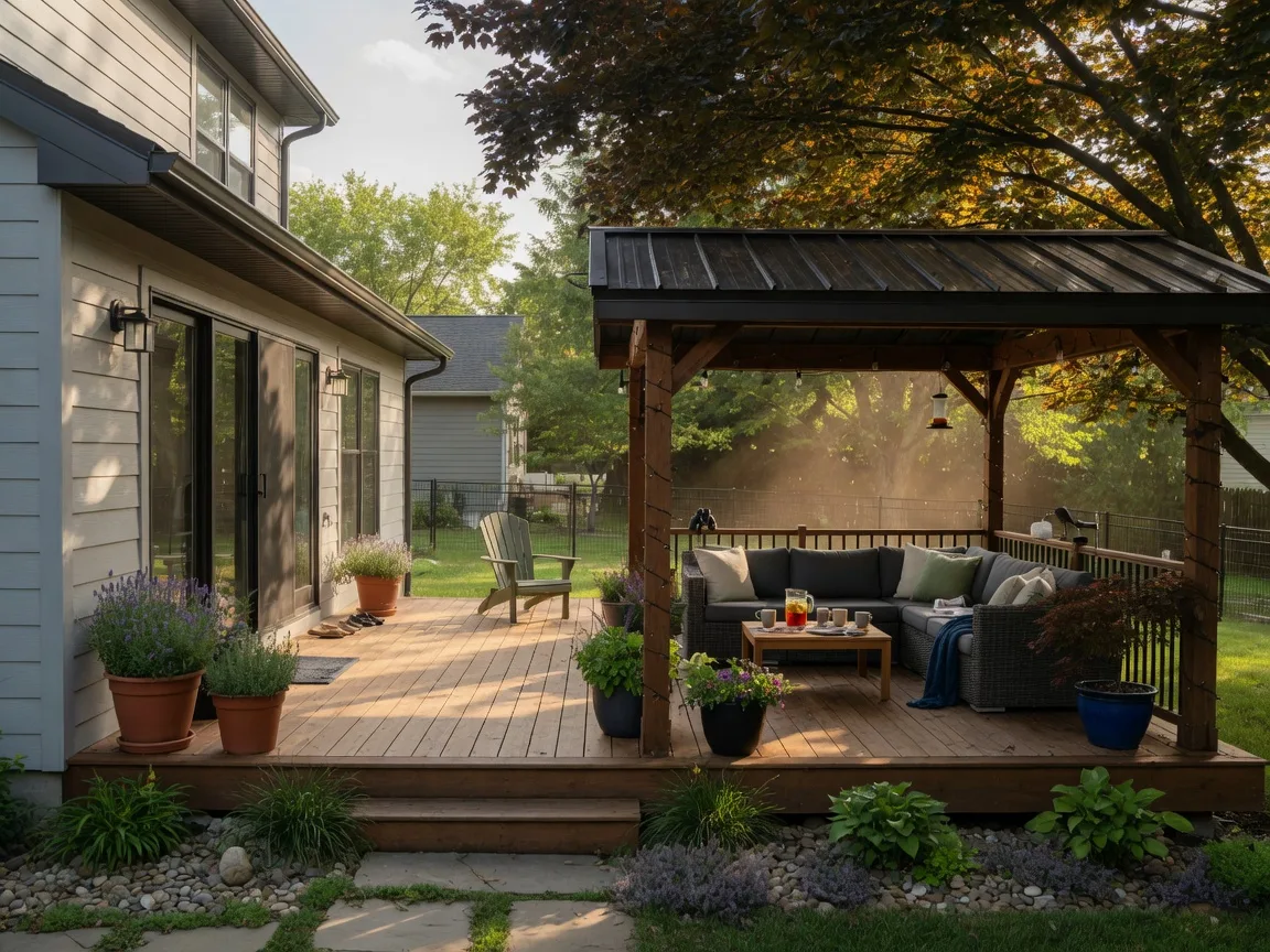 A private deck and covered patio with low-maintenance landscaping behind a modern Pennsylvania home