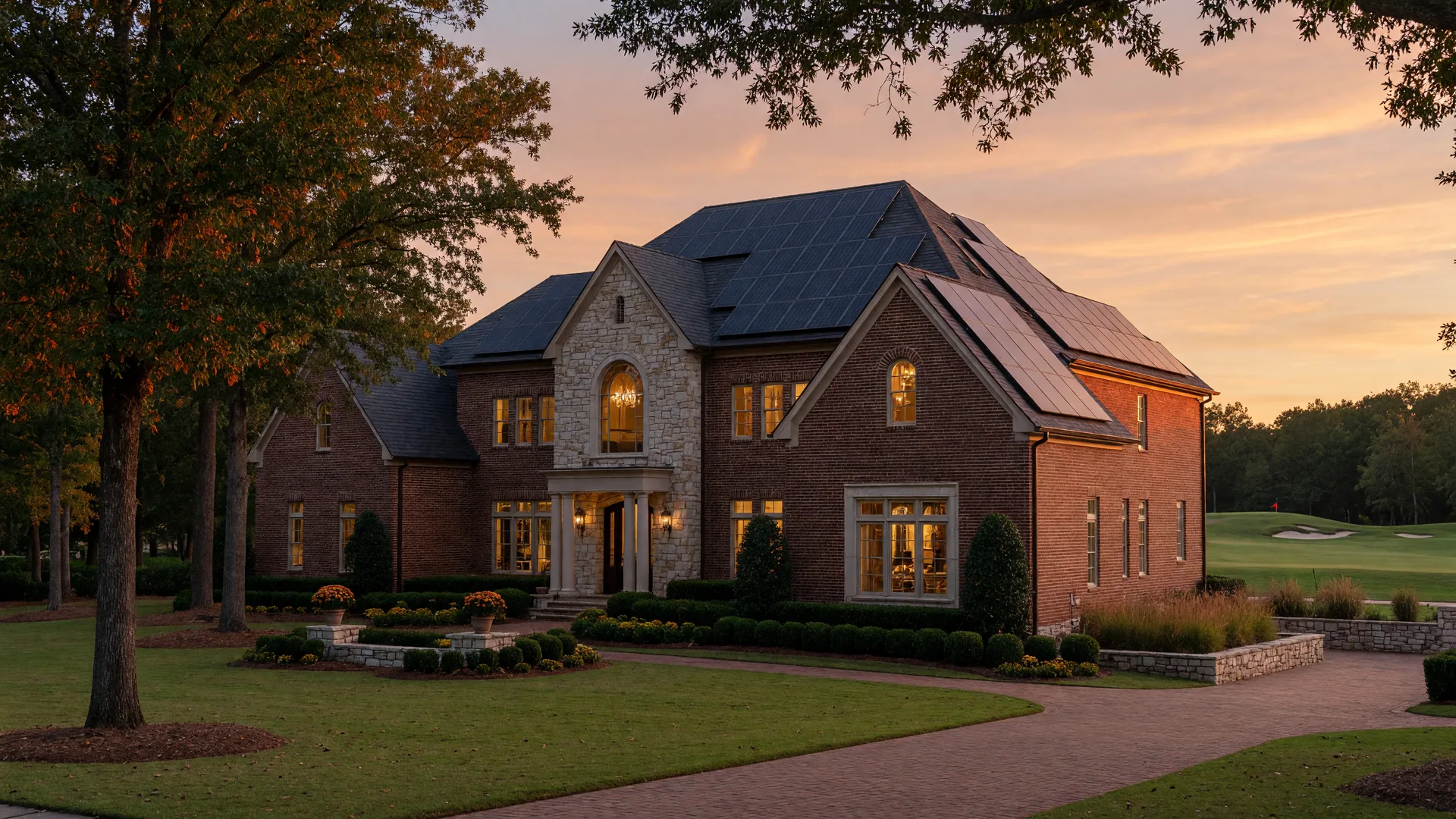 Luxury Georgia estate home at golden hour with solar panels on the roof and warm lights glowing through tall windows in autumn