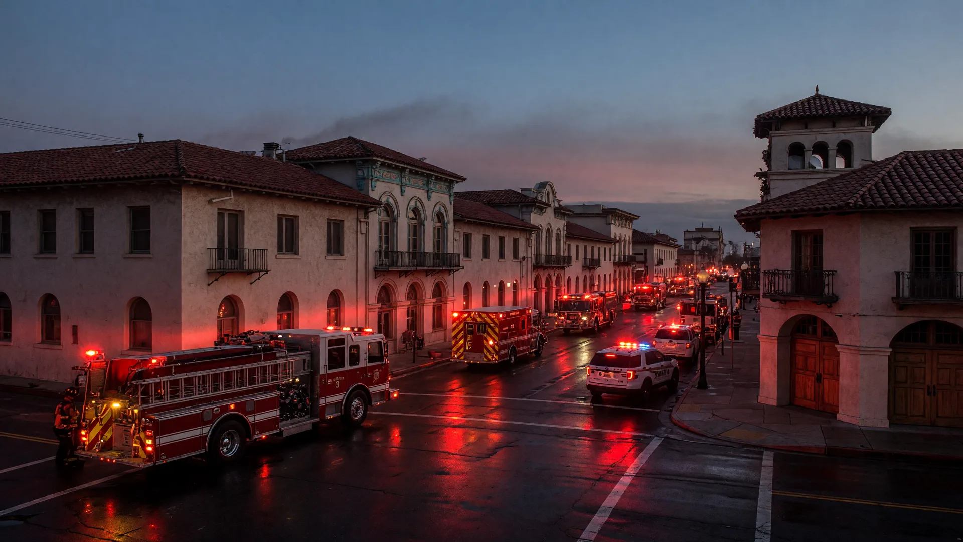 Historic Main Street in Old Town Newhall in the early morning hours with emergency vehicles present after the fire