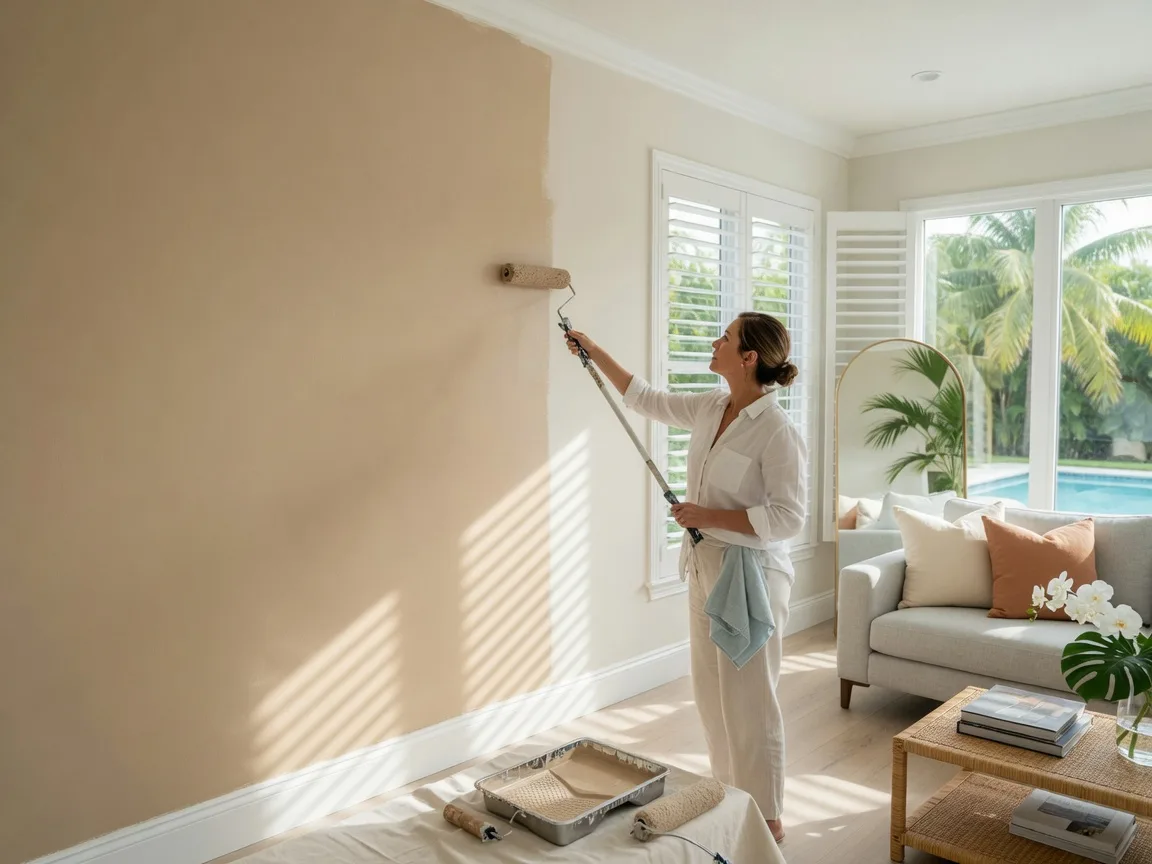 Homeowner painting an interior wall a warm neutral color