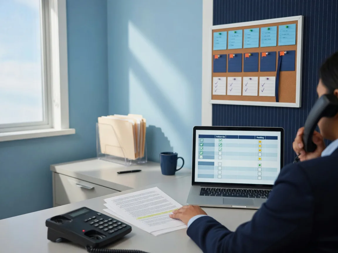 Professional following up on a lender file with a phone, tracking sheet and status board.