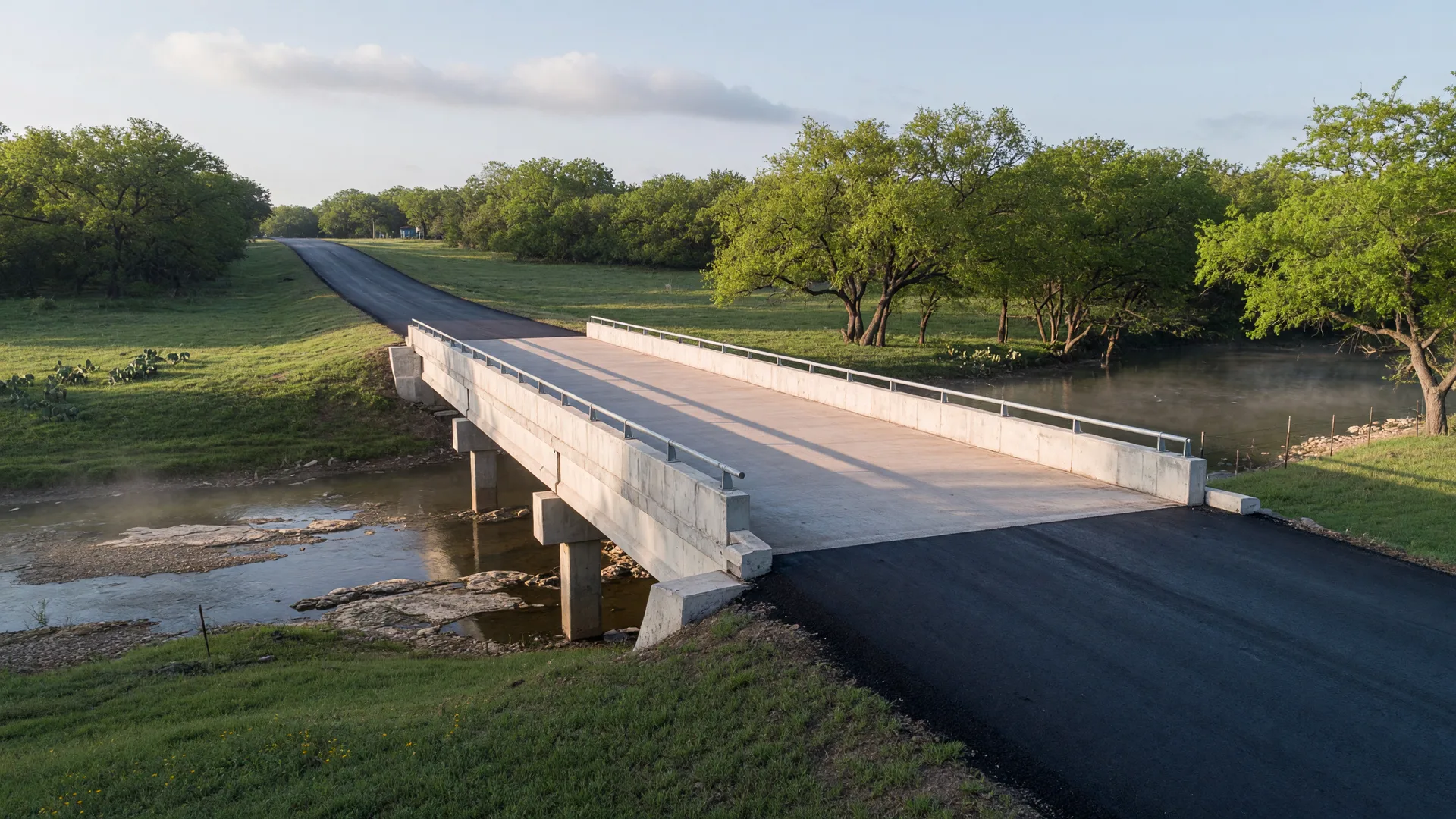 A new concrete bridge with fresh asphalt approaches crossing a shallow rural Texas creek, green pasture and tree lines on both banks in soft morning light