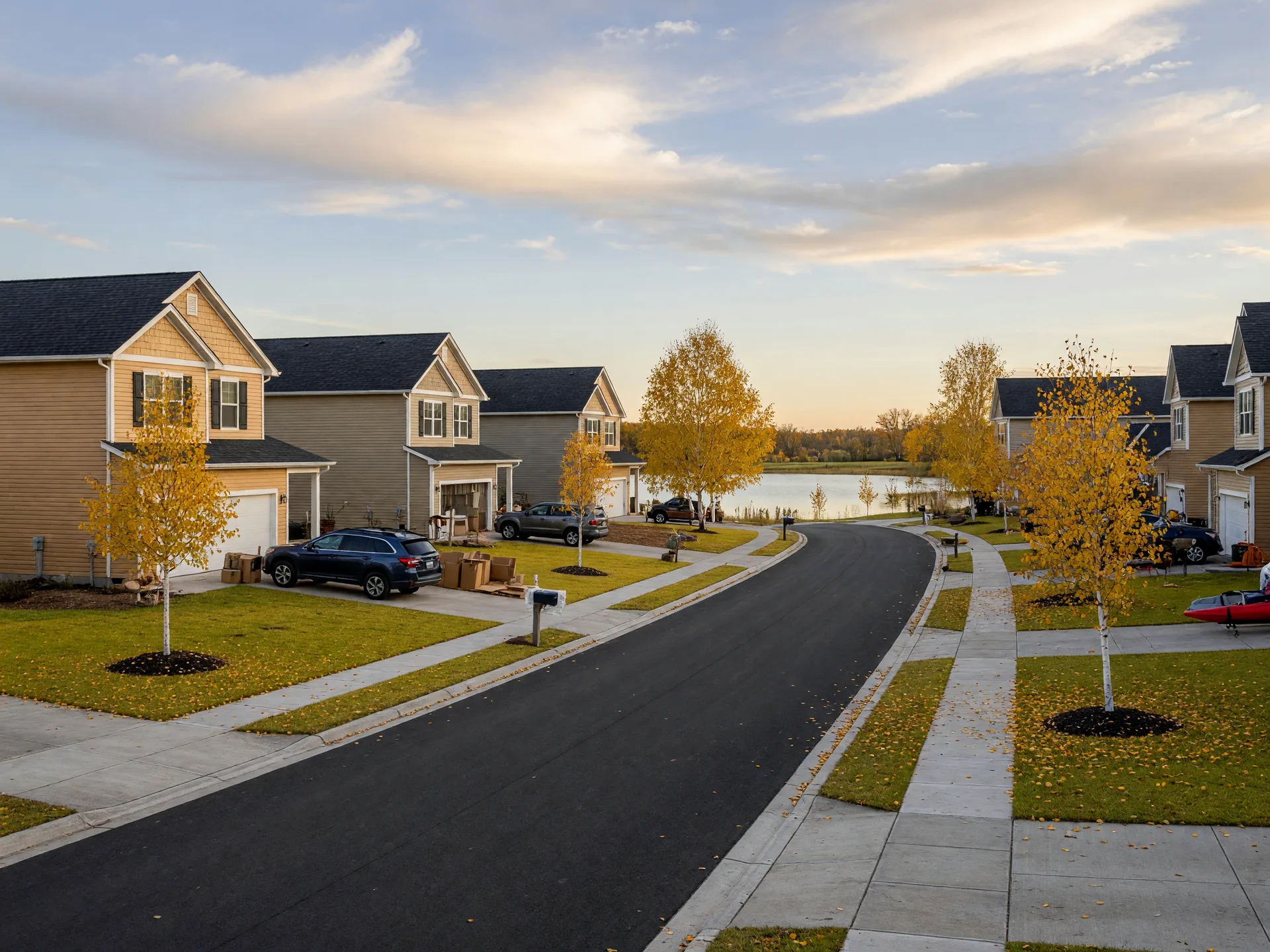 A quiet new residential neighborhood on the edge of a small central Minnesota lake town in autumn, cedar-sided new homes along a street lined with golden birch trees