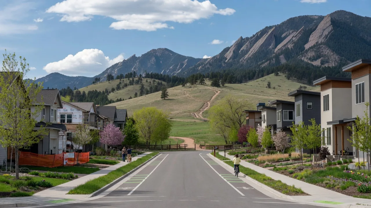 North Boulder street with mid-century homes and Flatirons view