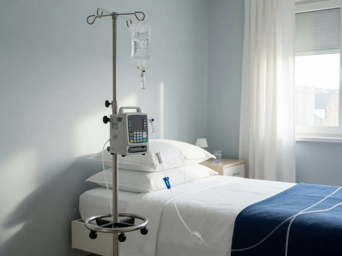 An infusion pump on a tall IV pole with a clear solution bag and neatly managed tubing beside a well-made bed with white linens
