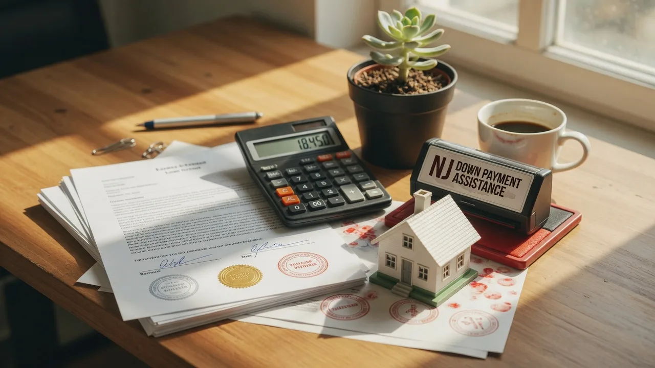 Loan documents and a model house on a signing table representing New Jersey down payment assistance programs