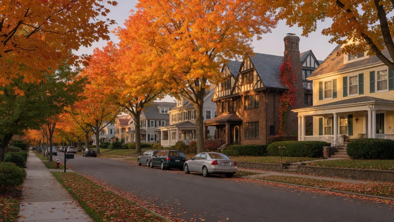 Leafy residential street in Upper Montclair NJ in mid-October with stately early-20th-century colonial and tudor homes, mature maple trees at peak autumn color, fallen leaves on the sidewalk, and soft late-afternoon light