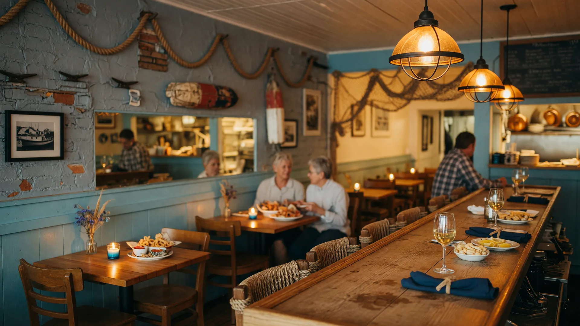 Cozy seafood restaurant interior with warm wood tables, nautical decor, and soft pendant lighting