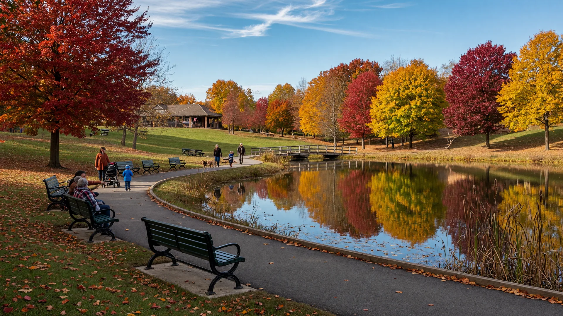 A community park pond in Plymouth Township reflecting autumn foliage