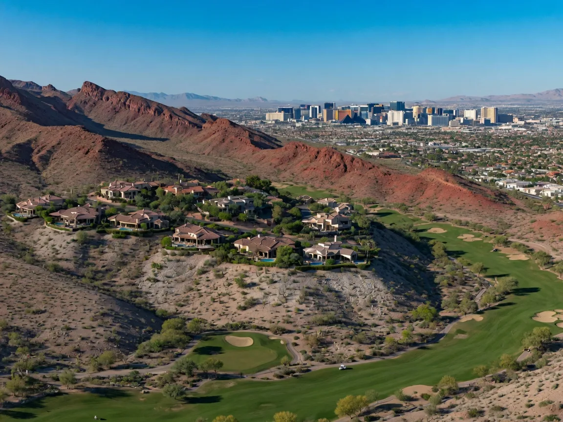 Aerial view of the MacDonald Highlands community in Henderson with luxury homes, golf course, and panoramic views of the Las Vegas Valley and Strip