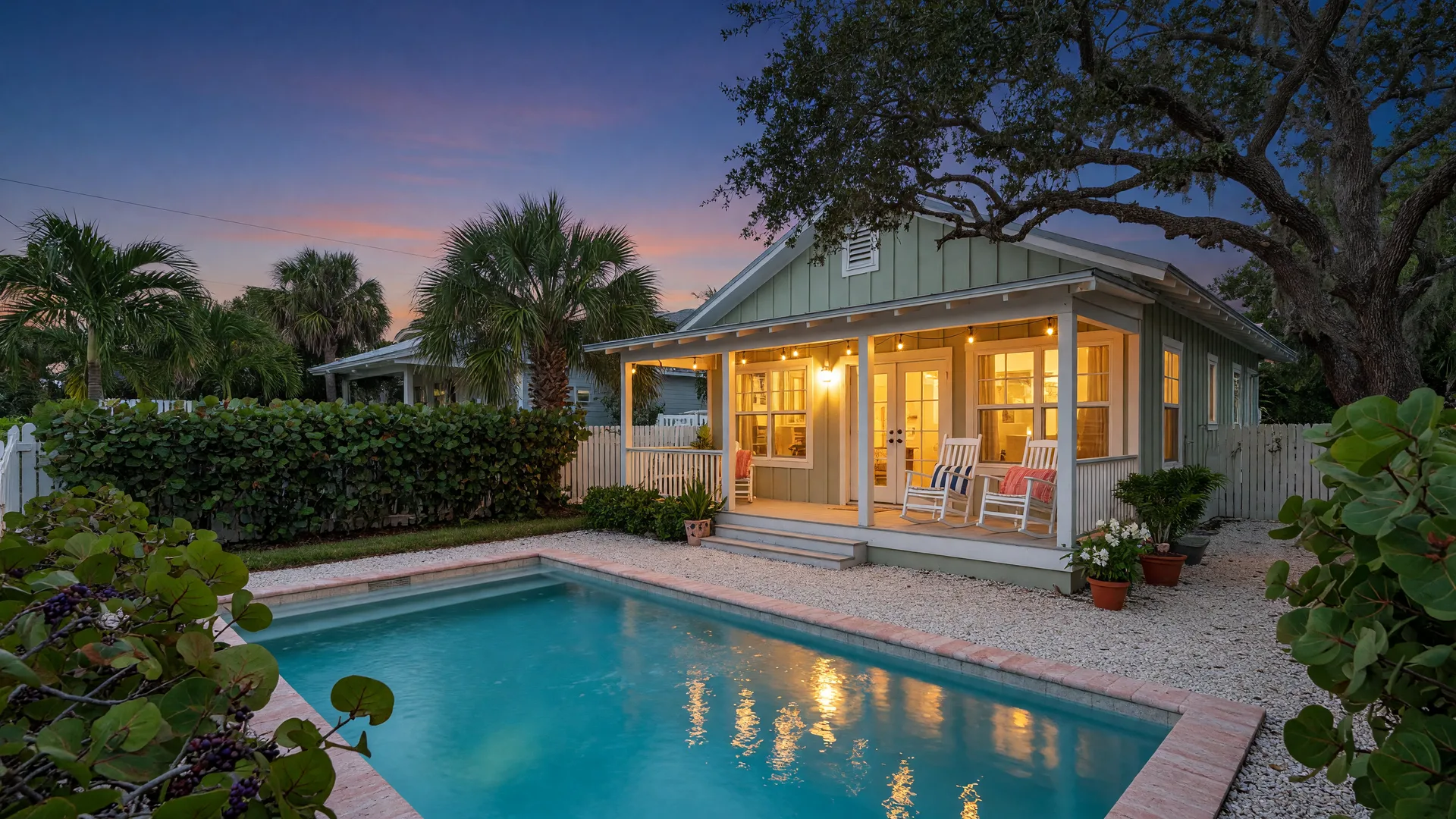 A stylish Florida beach-town vacation rental cottage at blue hour, warm light glowing from large windows onto a porch with two white rocking chairs, and a palm-fringed pool reflecting the glow in the foreground