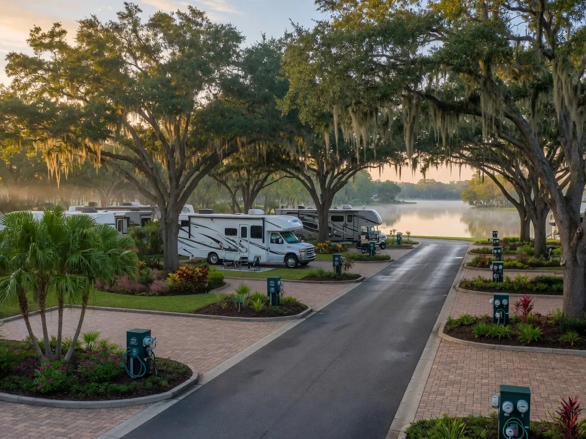 Oak-shaded premium RV lots along a paved lane in an upscale Central Florida resort