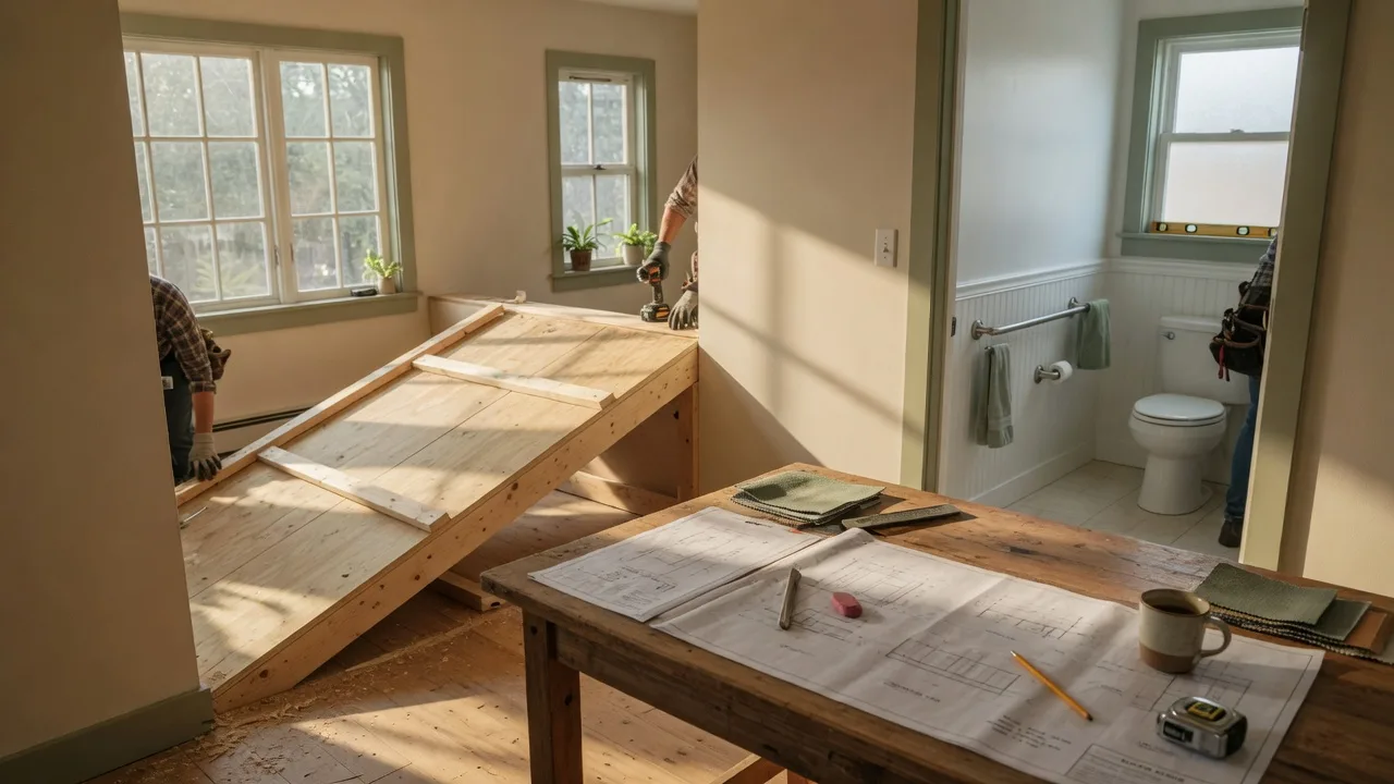 A home undergoing accessibility renovations with a bathroom grab bar installation, a wooden ramp at a doorway, and blueprints on a kitchen table