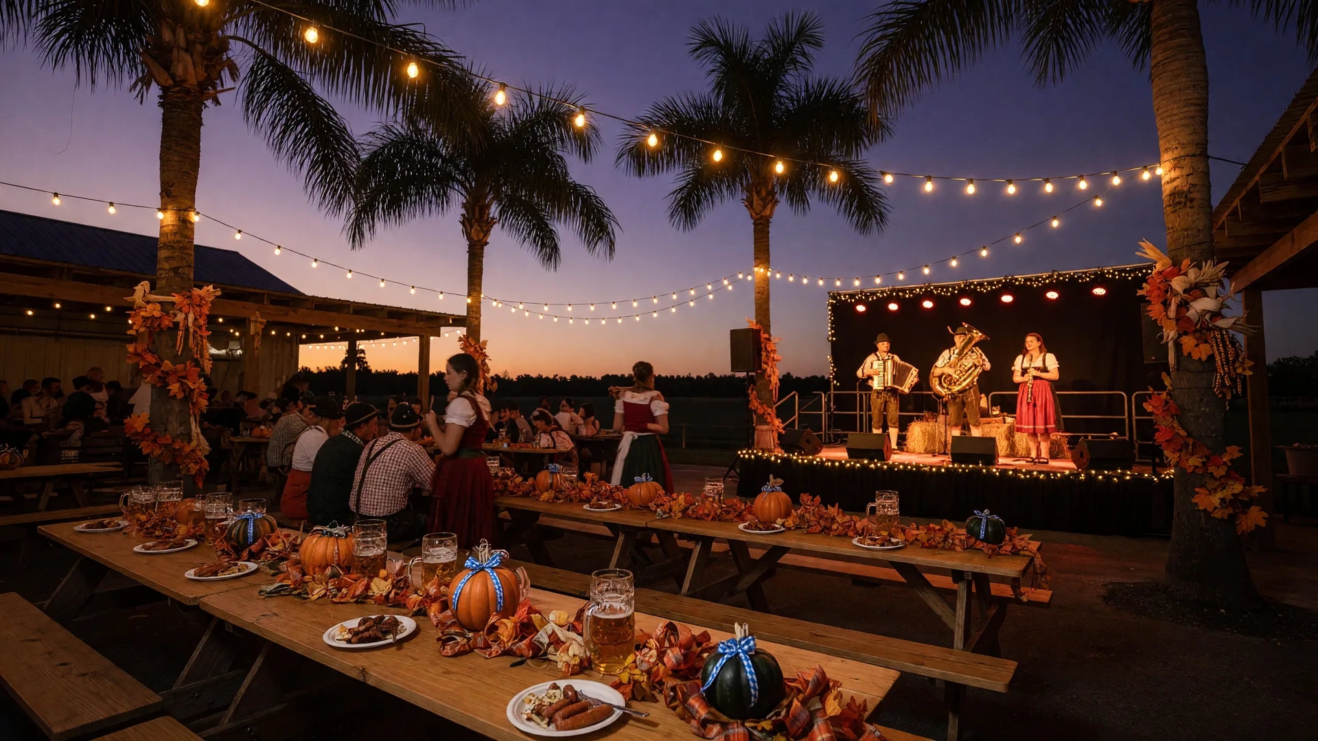 The Fort Myers Brewing Company Oktoberfest at dusk with long tables, beer steins, and string lights between palm trees beside a glowing band stage