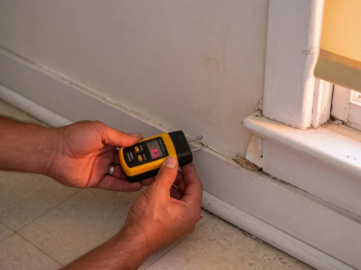 Home inspector using a moisture meter to check for water damage in a South Jersey home