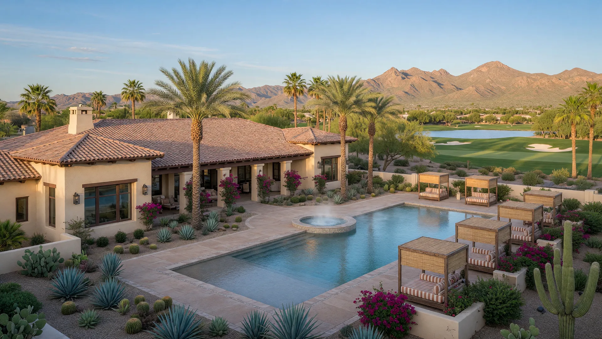 A resort-style view of the Encanterra golf community in Queen Creek, Arizona, with lush fairways and clubhouse architecture