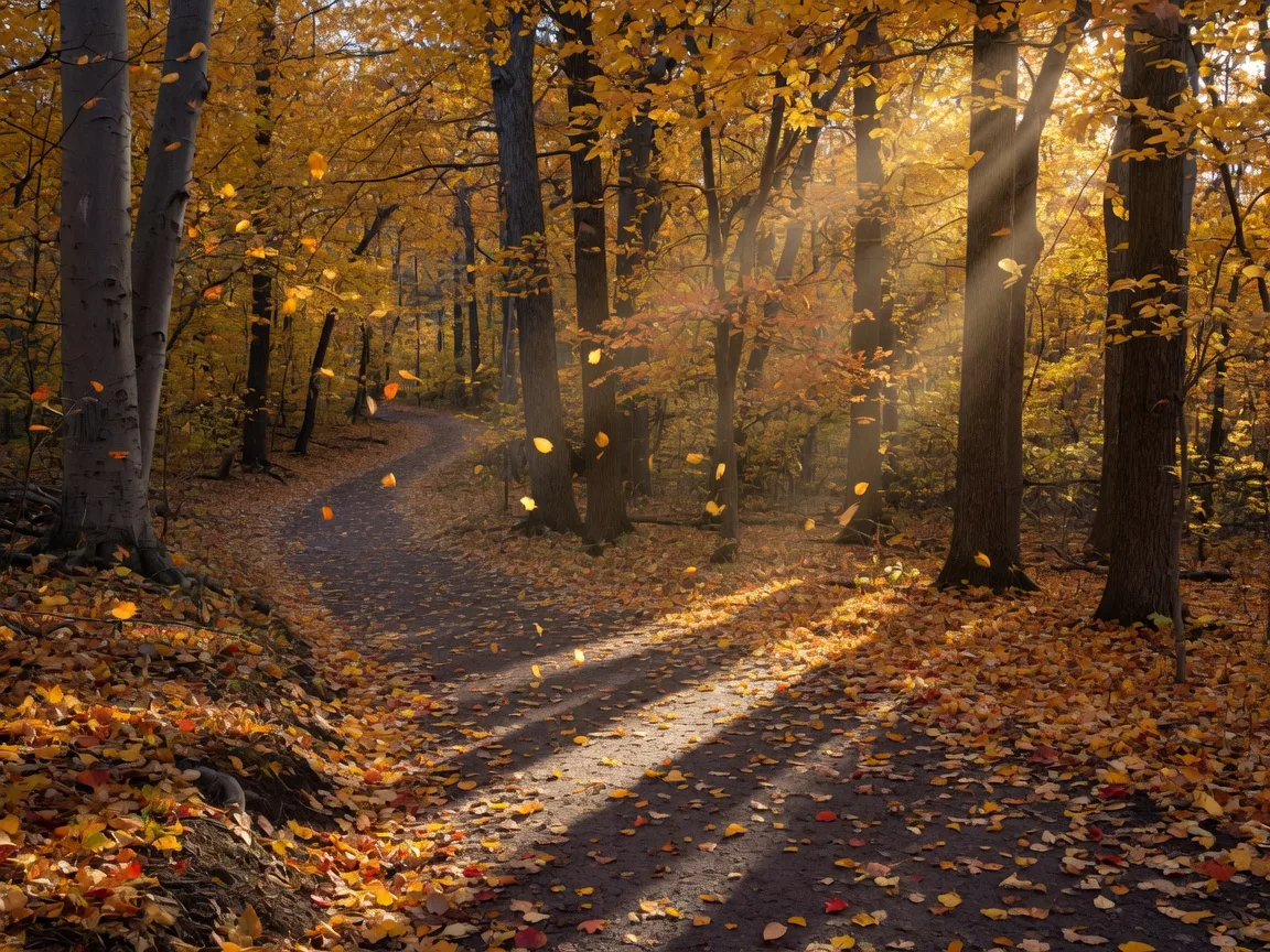 A sunlit woodland trail carpeted with gold and amber fallen leaves in a mature beech-maple forest in Northeast Ohio autumn