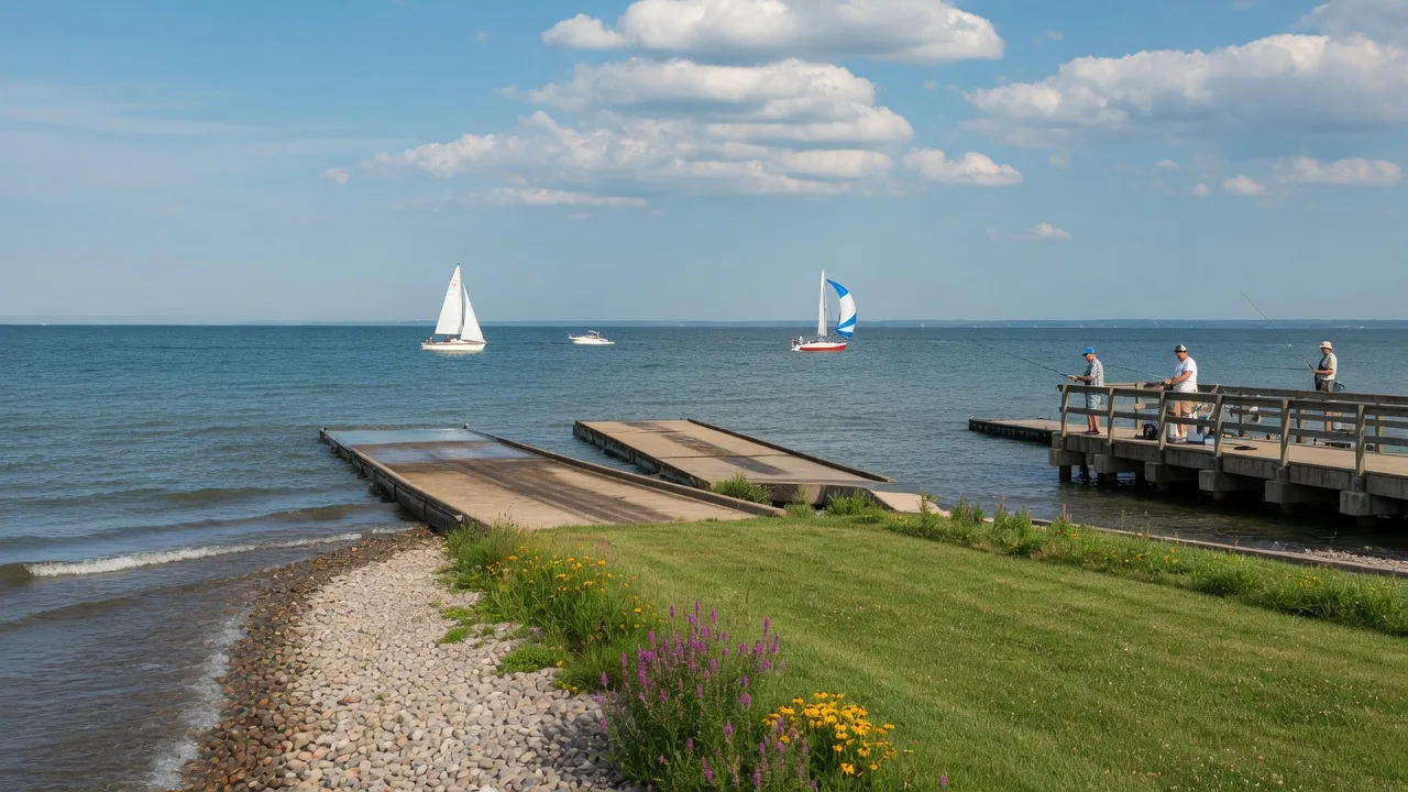 Catawba Island State Park shoreline on Lake Erie with fishing pier, boat ramps, and sailboats on a summer afternoon