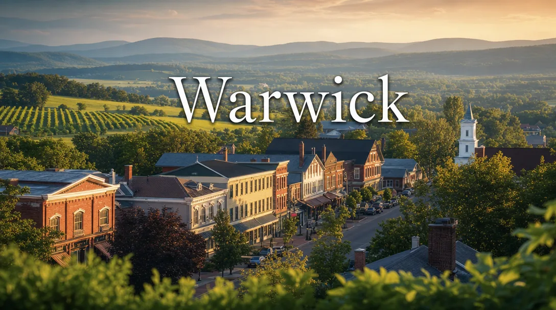 Scenic wide view of Warwick, New York with rolling hills and countryside