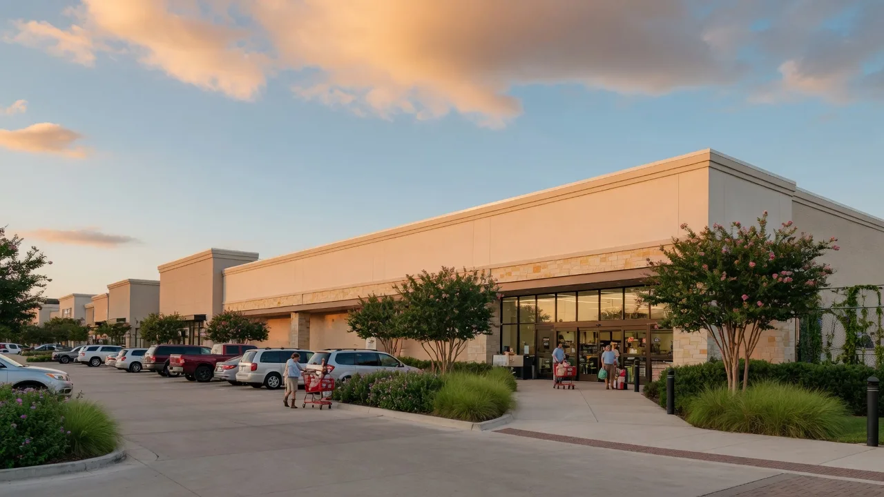 An illustrative view of a modern Texas grocery store exterior in a retail center in late afternoon light