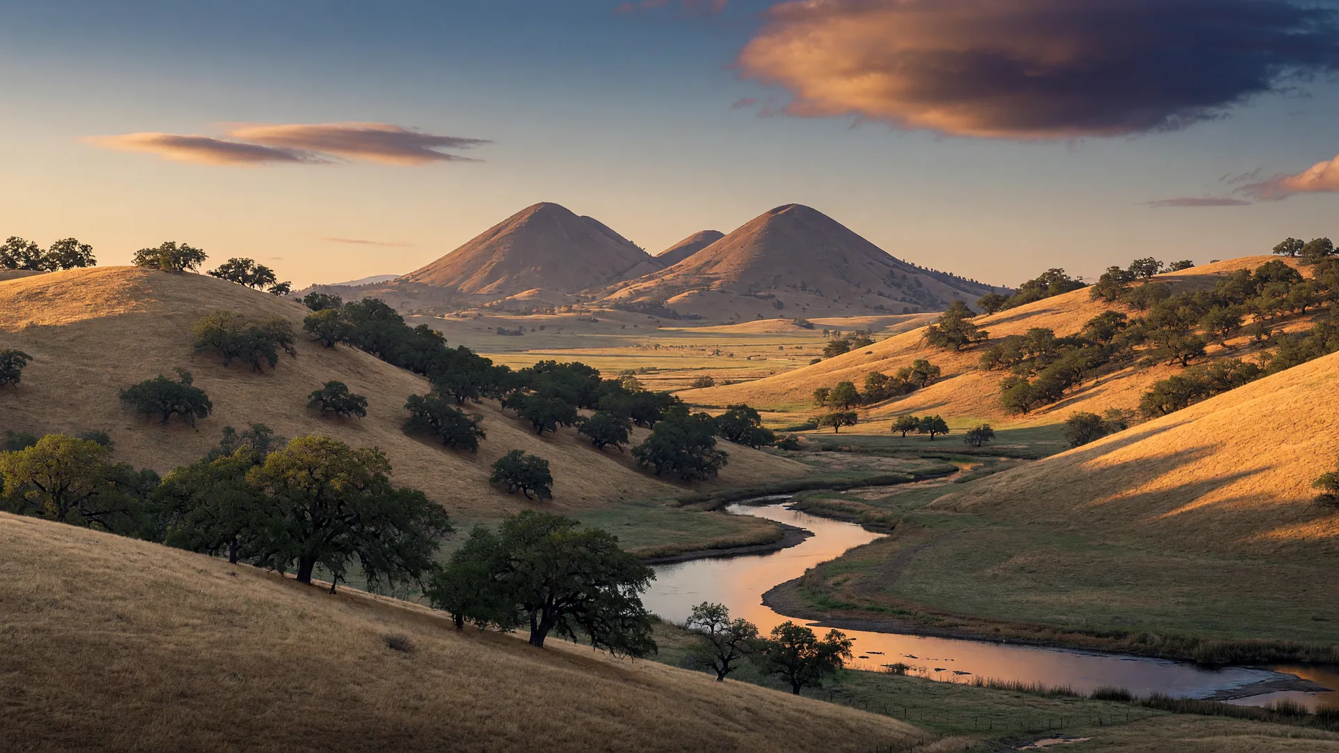 Rolling golden oak-studded hills and a winding river valley in Northern California with the Sutter Buttes in the distance at golden hour