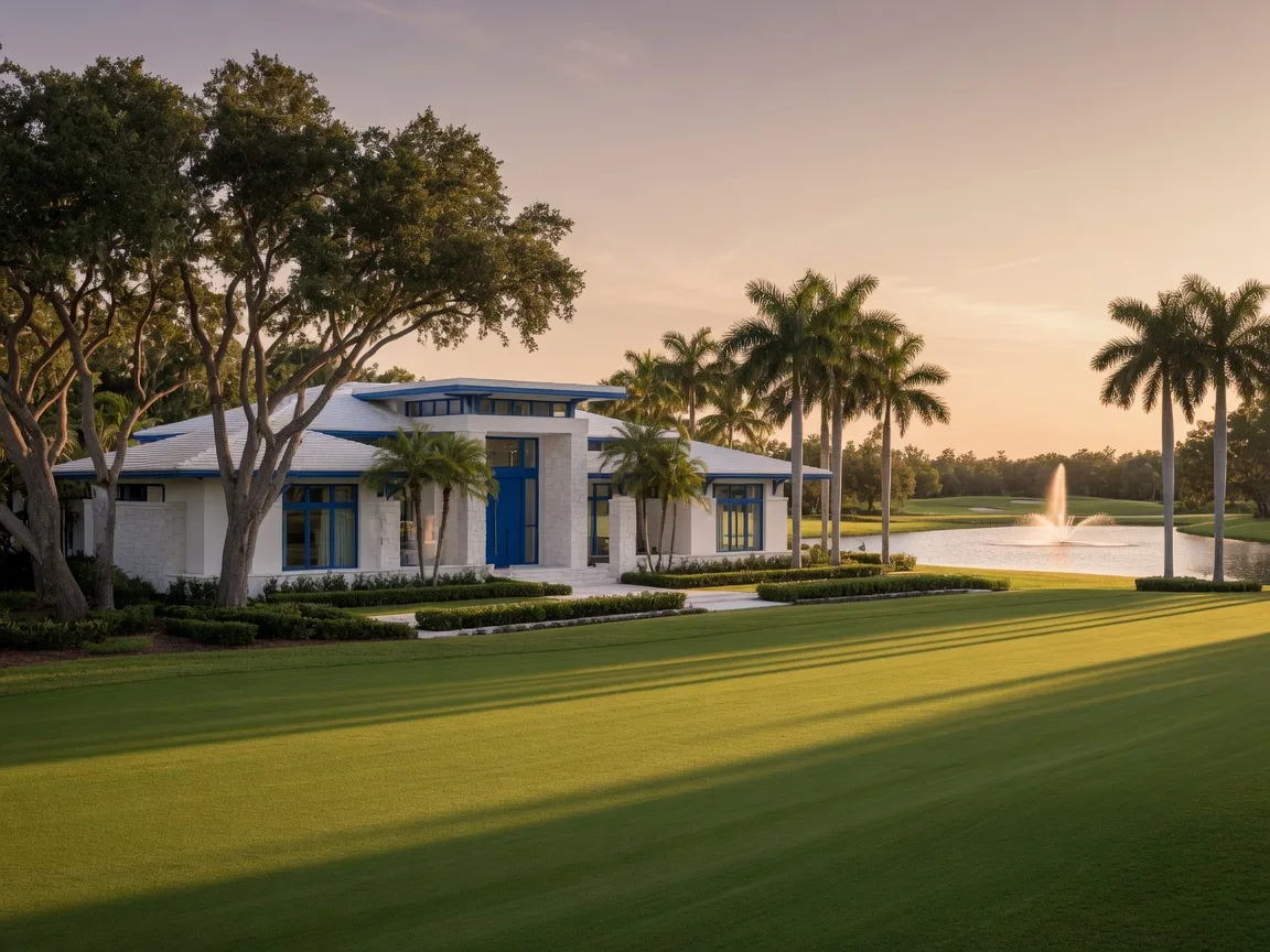 Modern luxury golf course home in Naples, Florida with a deep ocean blue and white stone exterior on a manicured emerald fairway