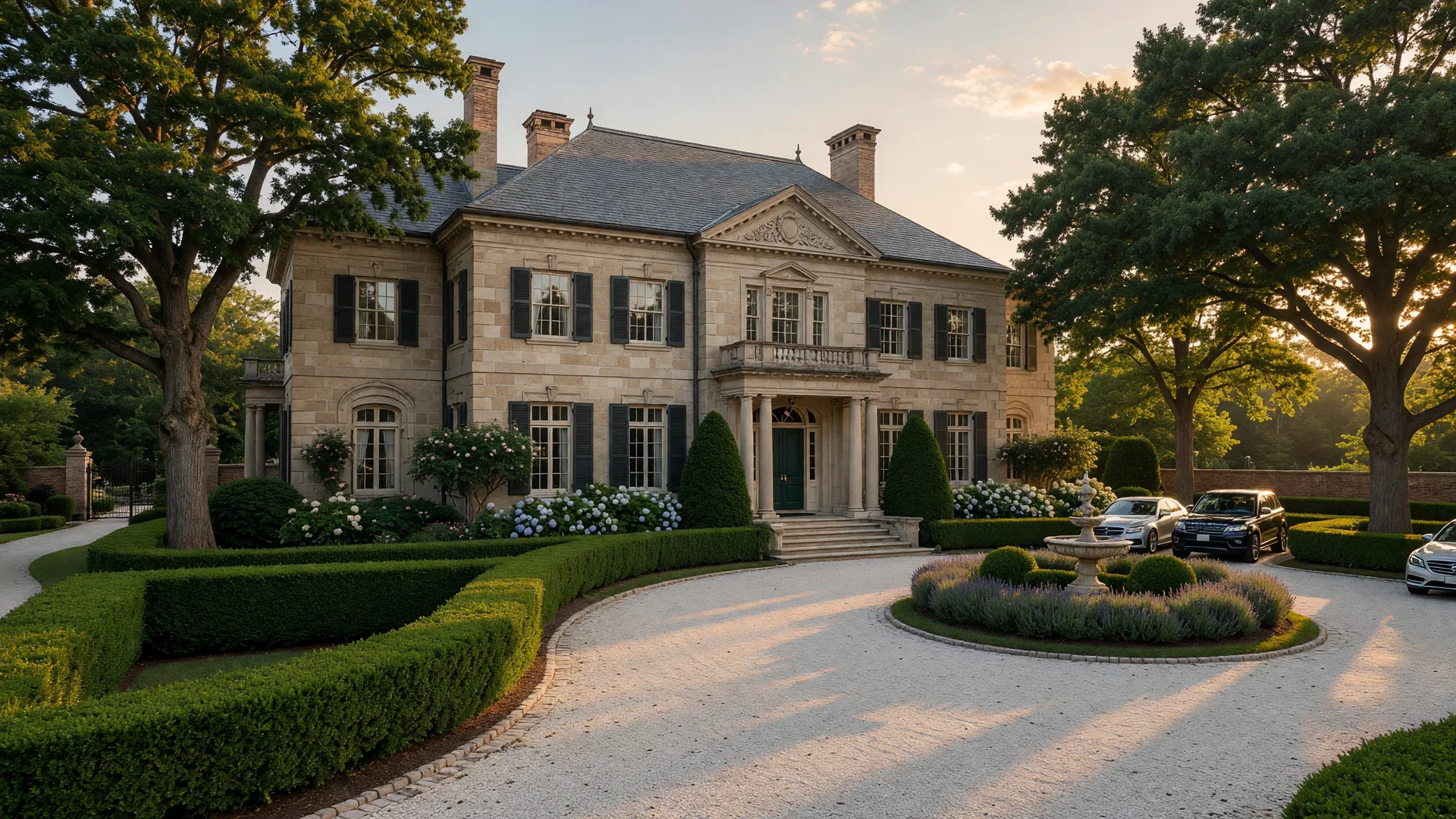 Grand luxury estate home in South Jersey with stone facade, circular driveway, and manicured landscaping