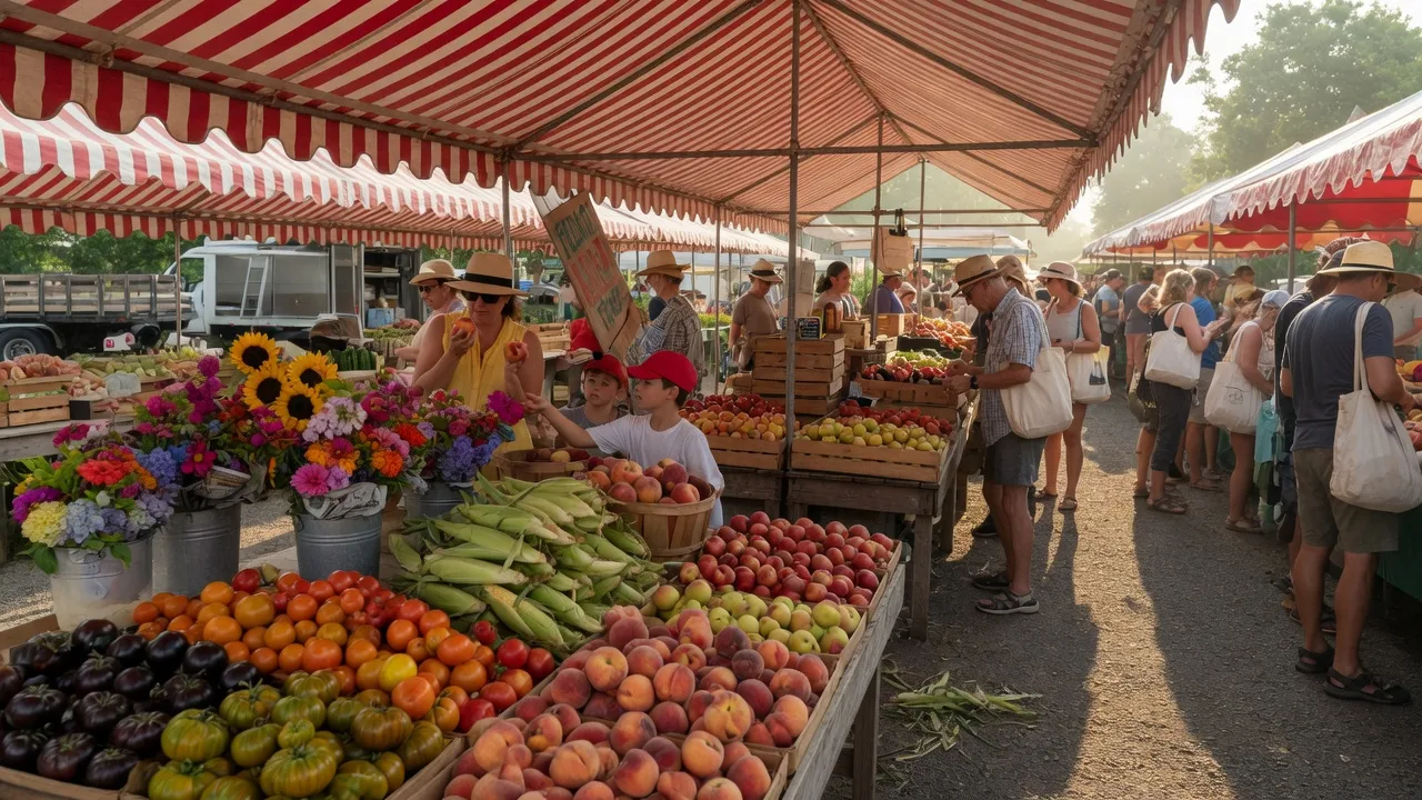Bustling farmers market in South Jersey with fresh produce and shoppers